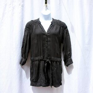 JOIE Women's Romper BosWorth 3/4 Sleeve V-Neck Black Caviar Linen.Size M